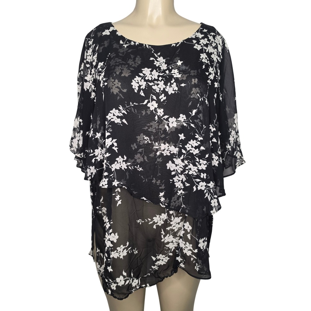 Draper's & Damon's Blouse Women 2X Black Floral Silk Chiffon Layered Flutter Top